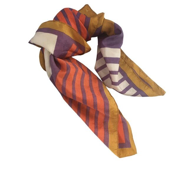 Vintage 1970s Square Silk Scarf With Striped Design In Orange Purple Yellow - Picture 1 of 3